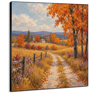 Impression sur tissu grand format - Chemin champêtre d'automne avec orangers et ferme pour salon ou chambre - « Assemblage du cadre requis (cadre non fini) »