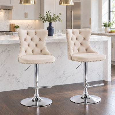Tabourets de bar pivotants en velours – Hauteur réglable (63,5 à 84 cm) – Tabourets de comptoir avec dossier et base chromée, ensemble de 2