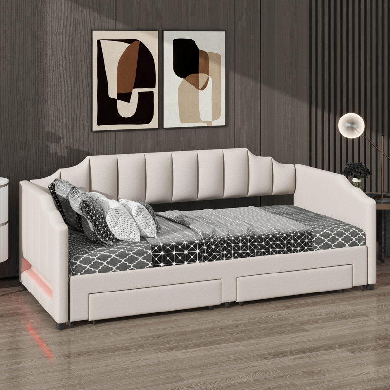 Twin XL Upholstered Daybed With Dual Storage & LED, Solid Wood Expandable Bed With Ergonomic Backrest, Convertible Twin XL To King
