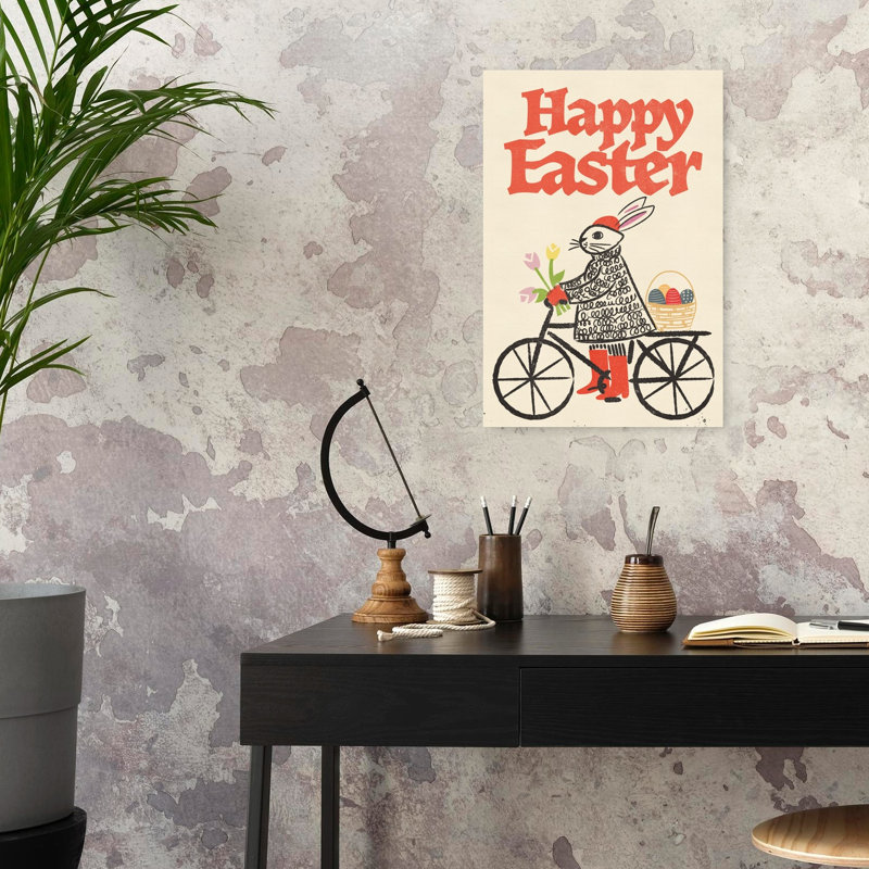 Joyeuses Pâques, lapin, tour, rétro, rétro, lapin, tulipe, fleur, print, art mural, 24" H x 16" W