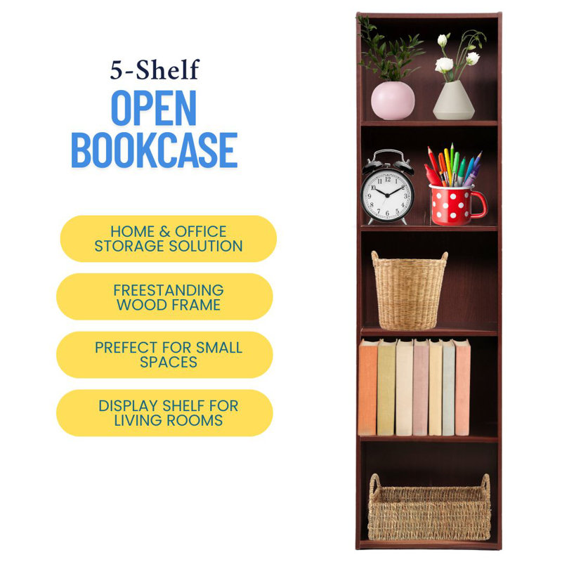 Tall Bookcase with Open Storage Bookshelf for Home or Office, (5 Shelves) 59"H x 15.9"W x 11.7"D, Mahogany