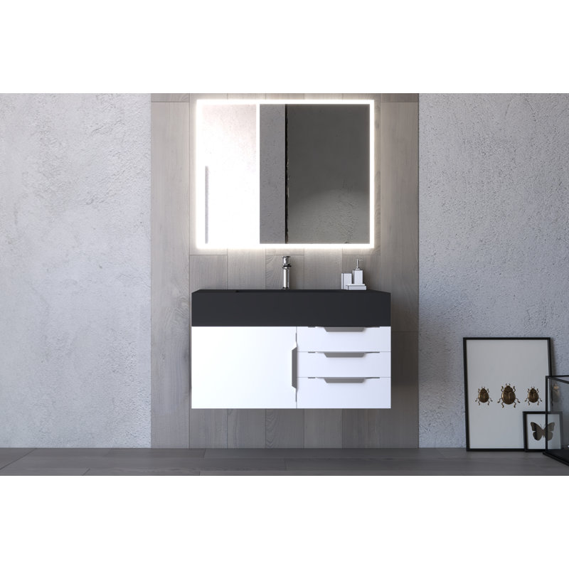 Modern 36" Wall-Mounted Single Bathroom Vanity Set with Mirror, White, Brushed Nickel, Black