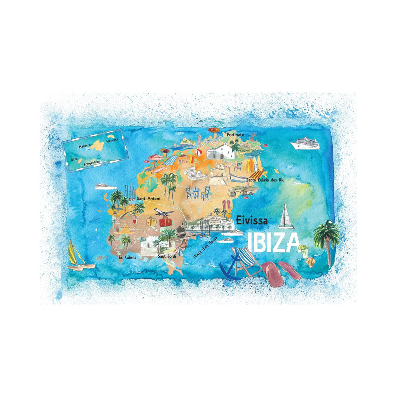 Carte illustrée d'Ibiza, Espagne avec repères et faits saillants par Markus et Martina Bleichner, reproduction d'art sur toile tendue