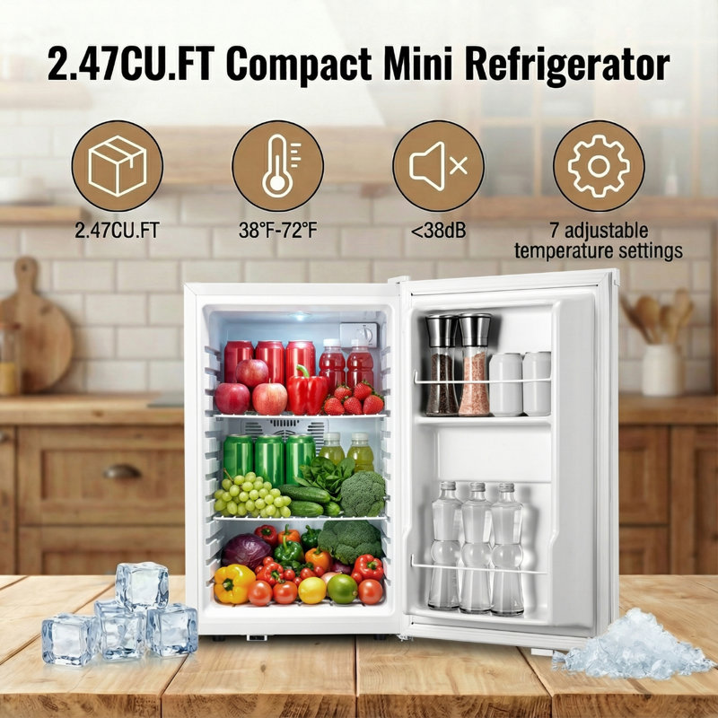 2.47 Cu.ft Mini Fridge Single Door Small Freezerless Refrigerator Dorm Fridge with 7 Adjustable Thermostat, Energy Saving, Low Noise, Compact Refrigerator for Office, Bedroom, Dorm, White