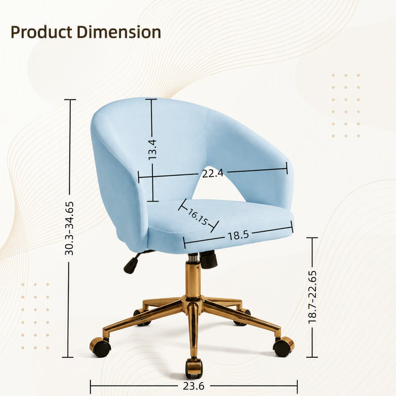 Chaise de bureau ajustable, pour la maison ou la chambre, chaise pivotante ergonomique, dossier inclinable, confortable pour une utilisation prolongée, base dorée, bleue