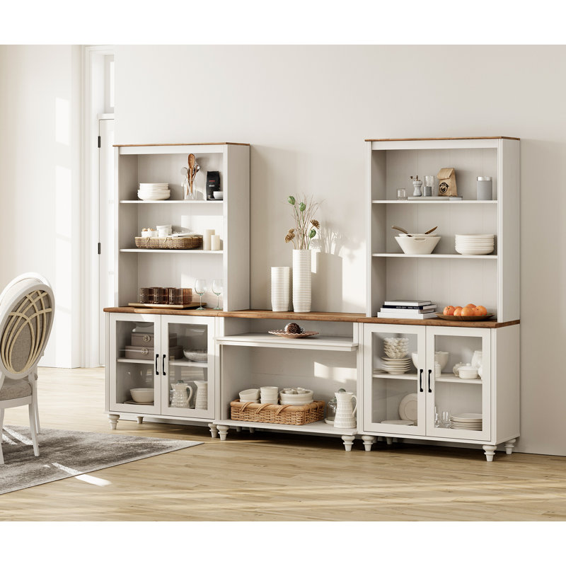 Buffet avec bahut, grain de bois rétro, armoire avec portes en verre et tablettes ouvertes, blanc, 105 po