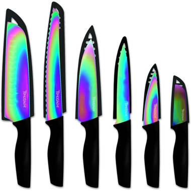 WELLSTAR Rainbow Knife Set 16 Pieces with 8 Knives and 8 Blade Guards,  Iridescent German Stainless Steel Kitchen Knives with Durable Sheath Cover