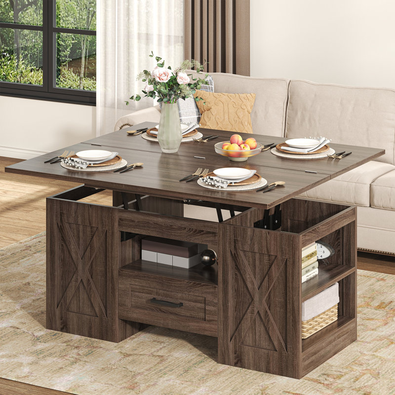 Lift Top Coffee Table, 39.37" Large Wooden Farmhouse Coffee Table With Drawer & Open Storage Shelves, Rectangular Living Room Table, Center Table For Living Room, Home Office, Walnut