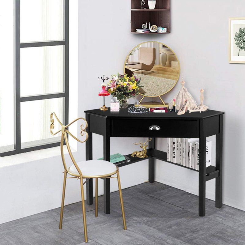Corner Desk With Drawer And Storage Shelves, Space-Saving 90-Degree Triangle Computer Desk For Home Office, Bedroom, Or Makeup Vanity