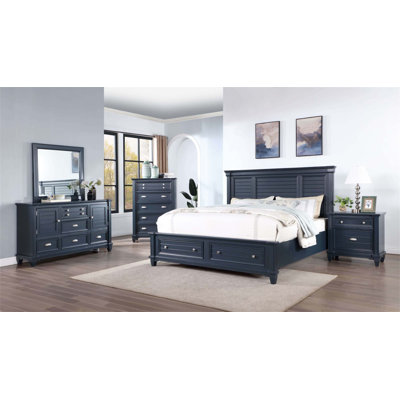 Table de chevet de style transitionnel avec quincaillerie en nickel et finition bleu ardoise pour un rangement élégant dans la chambre à coucher