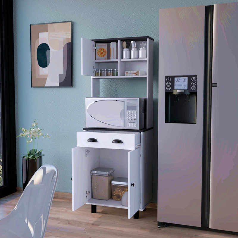 Kitchen Pantry With Ample Storage, 2 Open Shelves, 1 Drawer, 1 Cabinet, 2 Shelves, White+Wengue