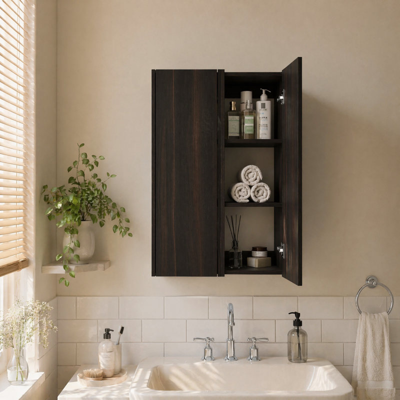 Combo armoire murale 24 po avec porte à fermeture douce, finition chêne foncé, organisateur de rangement de salle de bain 2 pièces avec tablettes intérieures pour petits espaces