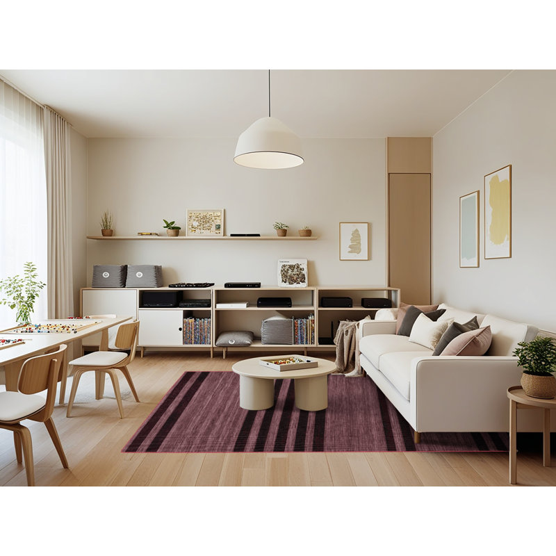 Tapis brun à rayures horizontales lavable à la machine, Rectangle 7 pi x 9 pi