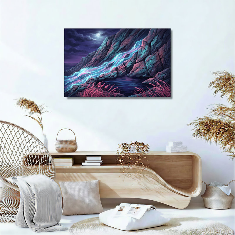 «Glowing Blue and Pink Stream Flowing Down Rocky Cliff», art mural, H 16 po x l 24 po