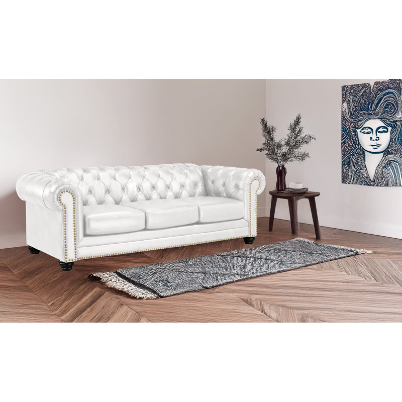 Ornellas 93" Leather Rolled Arm Chesterfield Sofa, Cream Leather Match