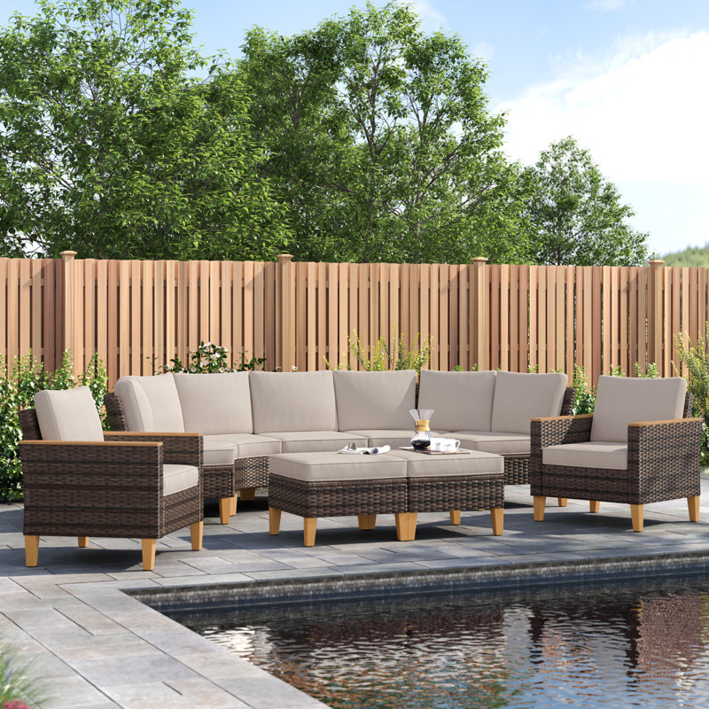 Ensemble de conversation modulaire en osier avec foyer Salem, Beige, Non
