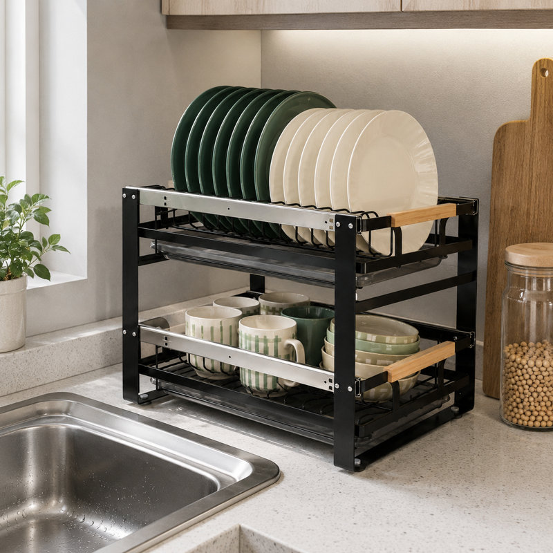 2 - Tier Black Stainless Steel Dish Rack with Pull-Out Drainage Trays