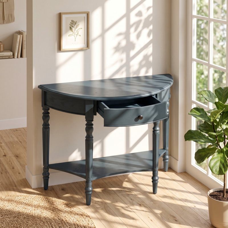 Table console demi-lune TREXM en pin massif, 99 cm L x 40 cm P x 77 cm H, 1 tiroir