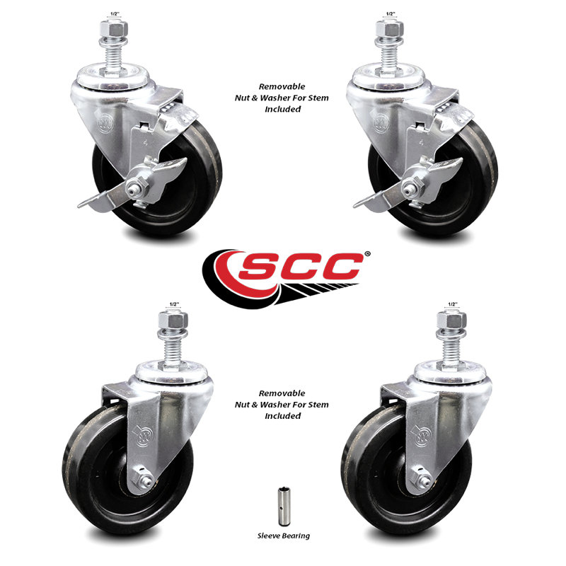 Ensemble de roulettes à tige filetée en acier inoxydable de 4 pouces pivotant ½ pouce 2 freins SCC