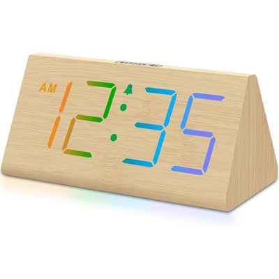 Wooden Digital Alarm Clock For Bedroom - RGB Electric Desk Clock With Large Numbers, USB Port, Loud Alarm For Heavy Sleepers, Dimmer And Volume Control, Snooze, 12/24H, Wood Décor