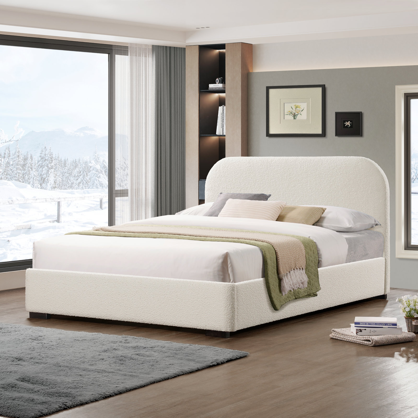 Reigen Platform Bed, Queen, White Boucle