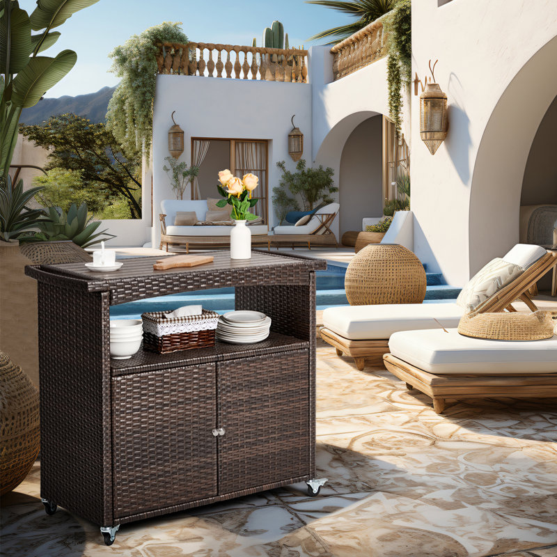 Outdoor Storage Cabinet,Outdoor Cabinet For Patio Outdoor Bar Cart With Rolling Wheels Patio Bar Table With Storage Wicker Buffet Cabinet Prep Table Kitchen Serving Cart With Door,Shelves,Handle Brown