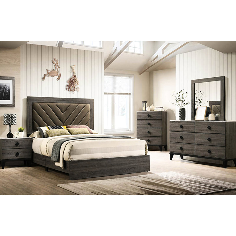 Grand lit avec attrait rustique en chêne gris foncé, revêtement en tissu, assemblage requis