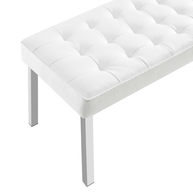 White Vegan Leather Tufted Bench with Stainless Steel Legs
