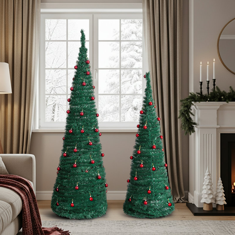 2 arbres de Noël artificiels - arbres verts en PVC de 6 pi et 5 pi avec des boules rouges, idéal pour les décorations des Fêtes à la maison / au bureau / en magasin