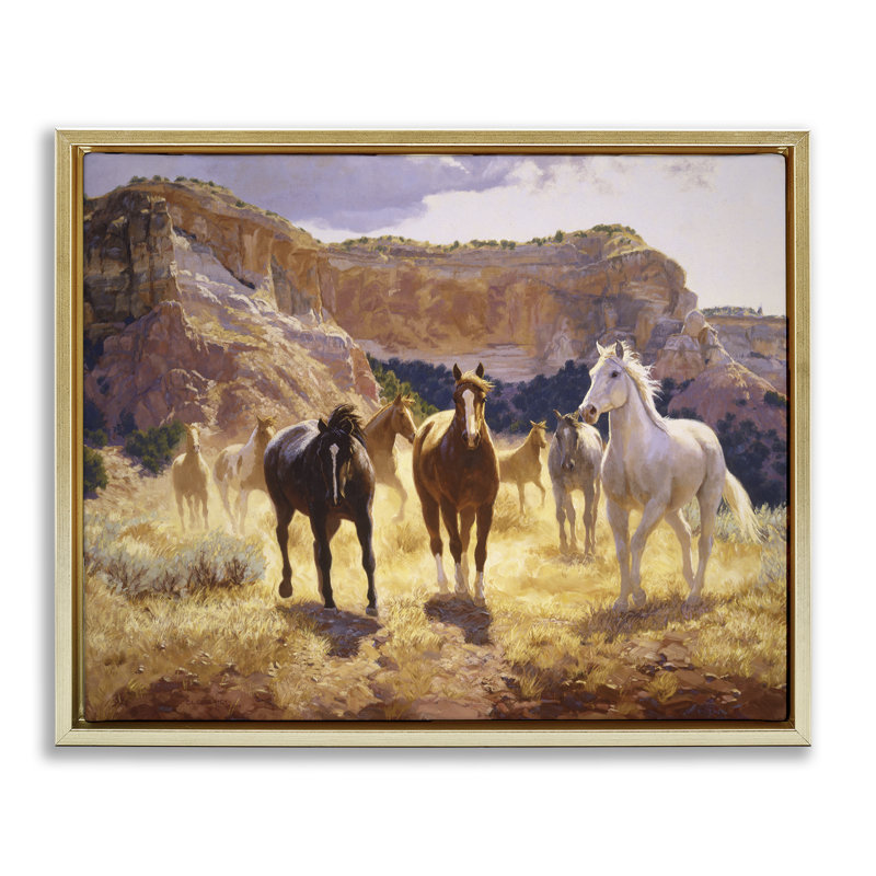 «Horses & Desert Cliff», art mural encadré flottant par Claire Goldrick, H 25 po x l 31 po, Cadre flottant métallique doré