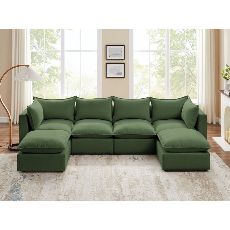 Upholstered U-Shaped Sectional with Ottoman Reversible, Olive Green Polyester