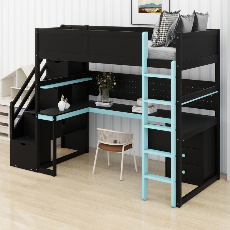 Combine des escaliers de rangement, un bureau dédié, un système d'étagères et un panneau perforé, Noir / Bleu
