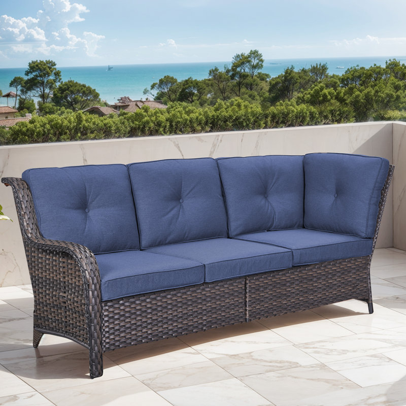 Deb 73.62" Wide Outdoor Wicker Patio Sectional With Cushions, Blue, Brown