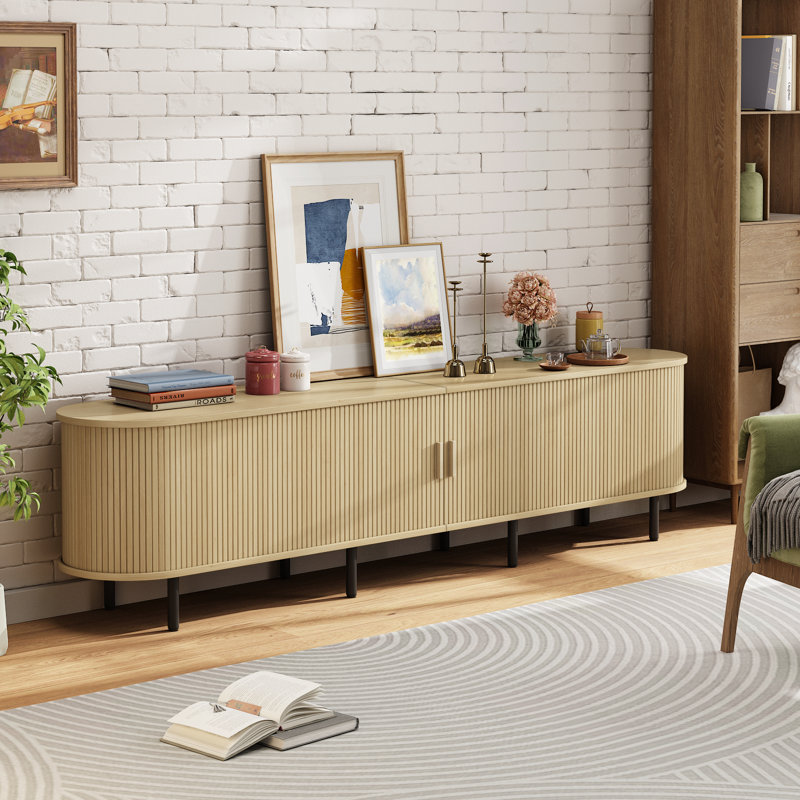 Jalonda Modern Wood TV Stand with Storage and Shelves, Oak Wood, 21.7" H x 86.6" L x 15.7" W