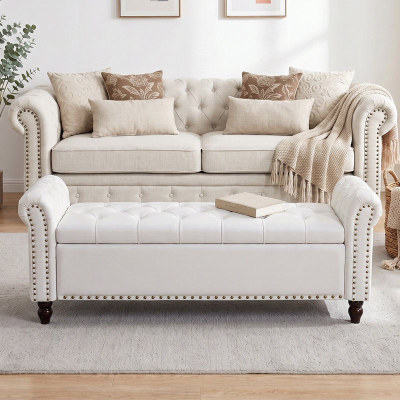 Bedroom Bench With Storage, White, 22" H x 65.4" W x 20" D