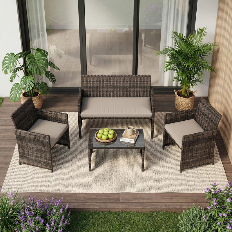 Ensemble de mobilier d'extérieur en osier 4 pièces, avec table basse et coussins de siège pour la cour, les sièges de véranda, pour la terrasse, le porche, la cour