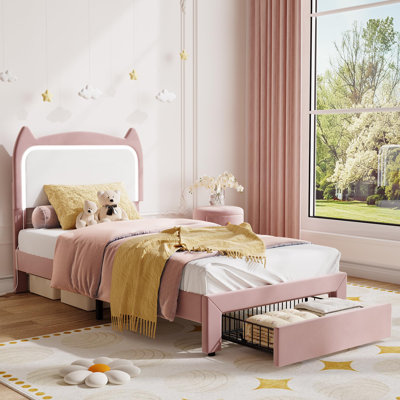Cadre de lit pour enfants avec tiroir de rangement et tête de lit pour chat, cadre de lit plateforme tapissier avec support de lattes en bois robuste, aucun sommier nécessaire, assemblage facile, rose et blanc