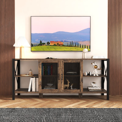 Meuble télé 80 po pour salon, console multimédia de style campagnard avec tablettes ouvertes et rangement en filet, noyer