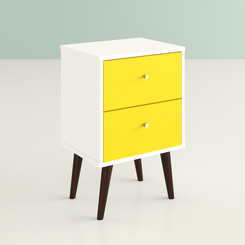 Table de chevet moderne à 2 tiroirs Liberty, Blanc/jaune