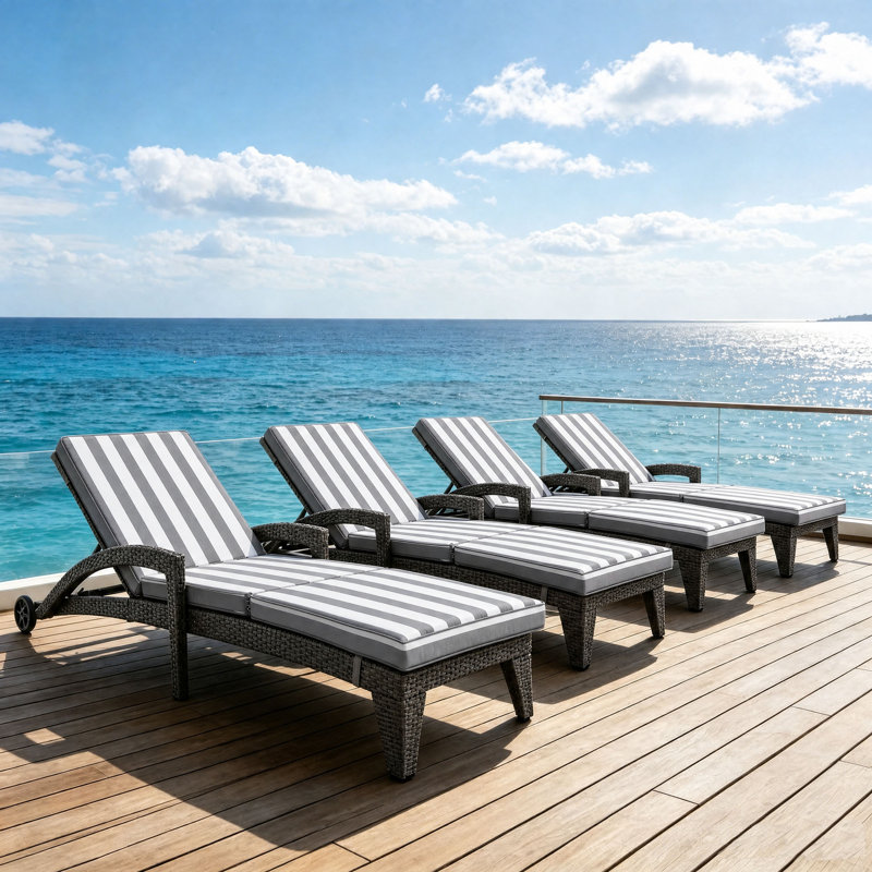 Patio Reclining Chaise Lounger With Removable Cushions For Backyard/Poolside(Set Of 2), Light Gray Stripe Cushion/Black Frame