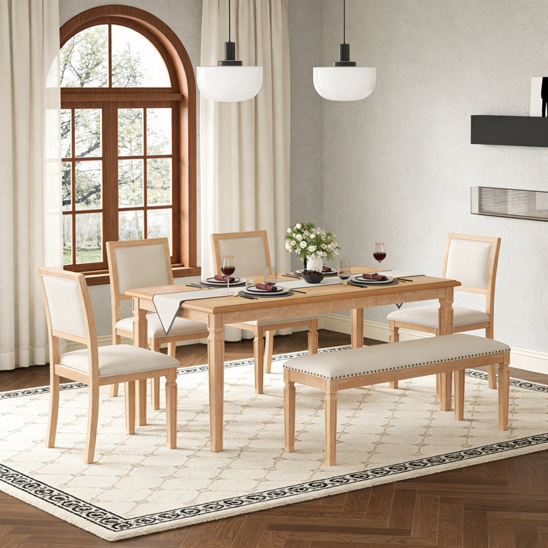 6-Piece Extendable Dining Table Set With 4 Chairs&Bench And Table, Natural, Natural/Beige, Natural/Beige