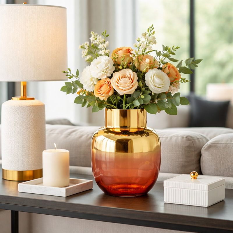 Elegant Round Glass Vase with Glossy Finish for Home Decor - Decorative Tall Flower Vase Accent for Living Room, or Table Styling - 10", Pink & Gold
