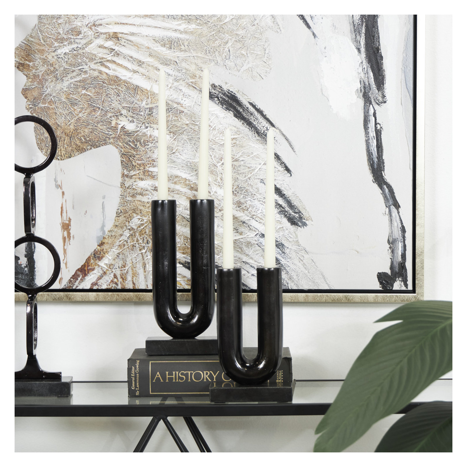Cole And Grey Aluminum U-Shaped Candle Holder With White Marble Bases, Black