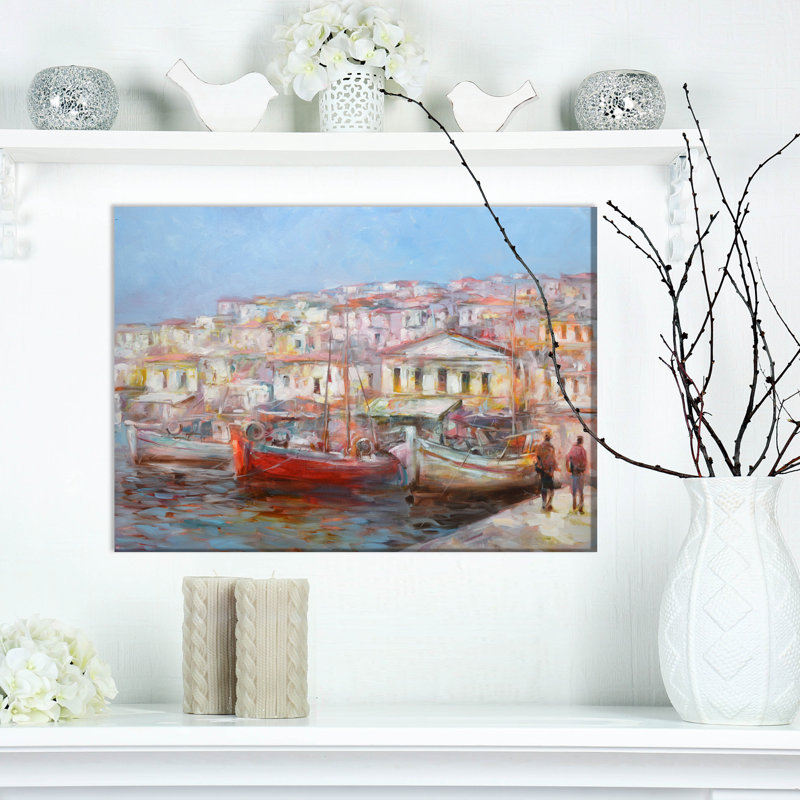 Red Boads In Vintage Village - Sea & Shore Print, 12" H x 20" W x 1" D, Wrapped Canvas