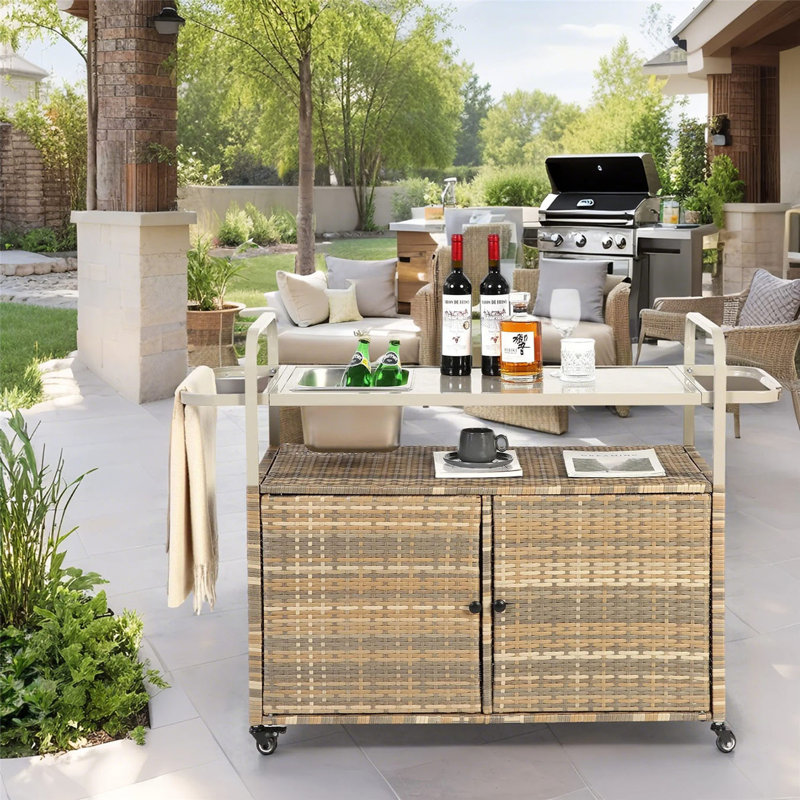 Portable Outdoor Wicker Bar Table, Wheels, Steel Table Top For Patio Kitchen And Bar Cart, Beige