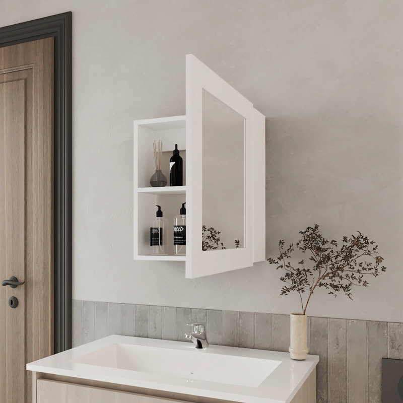 Elegant White Mirror Cabinet For Bathroom - 2 Shelves Storage Wall Mounted White, Organization, White