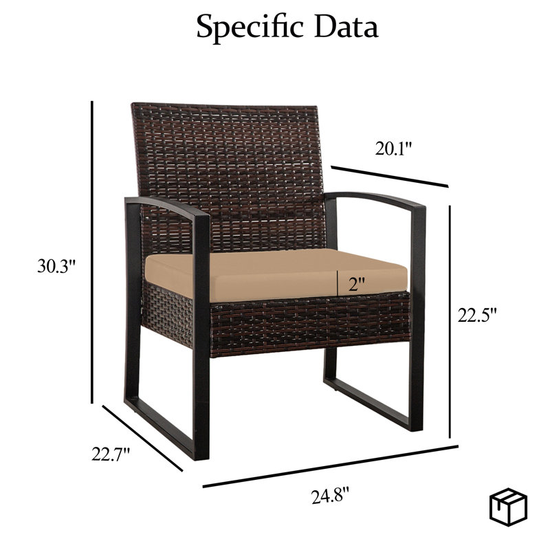 Ensemble de mobilier d'extérieur en osier 3 pièces avec structure en acier résistant à la rouille et coussins lavables, Brun