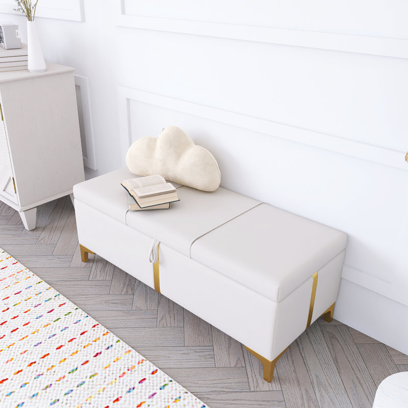 Élégant repose-pieds avec rangement et banc de rangement avec pieds en métal pour la chambre à coucher, Beige