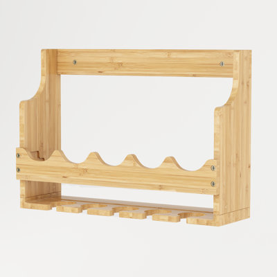  Wall-Mounted Wine Rack Solid Wood Bottle Rack Wine Storage with Stemware Holder