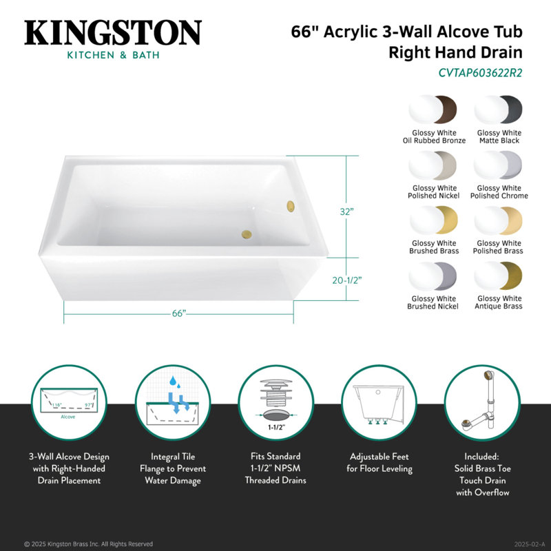 Kingston Brass Aqua Eden 66-Inch Acrylic Rectangular 3-Wall Alcove Tub, Right, Antique Brass